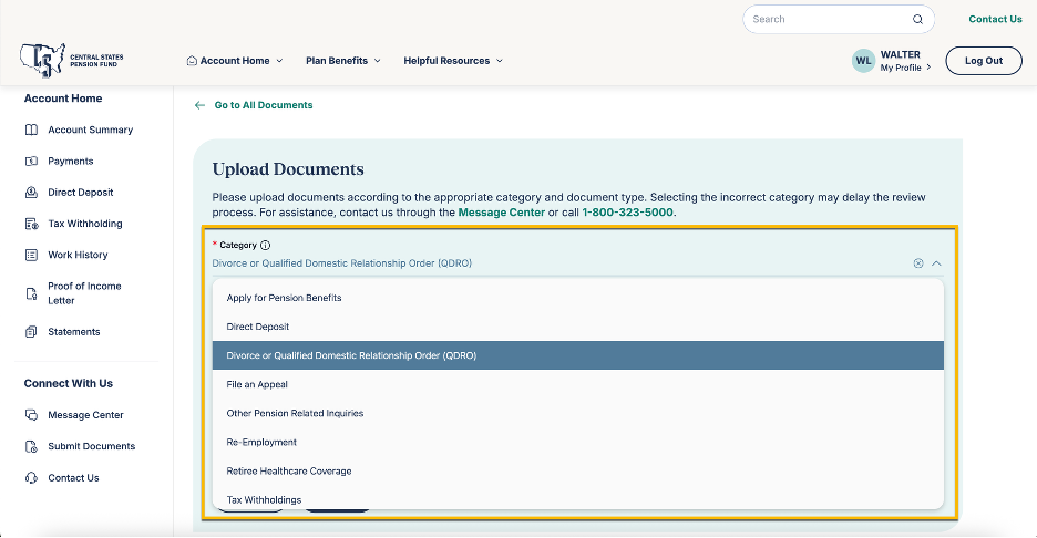 Document Upload Center document category 