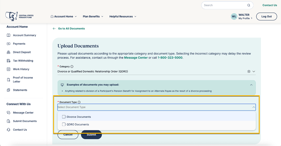 Document Upload Center document type