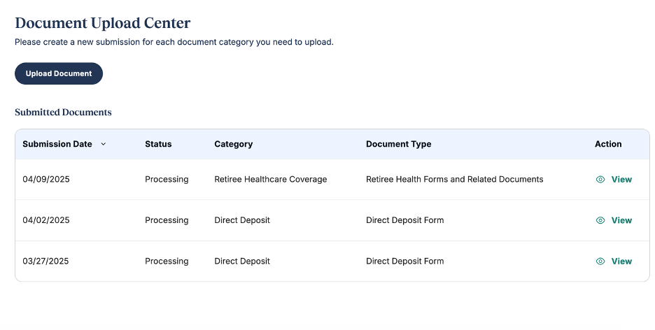 Document Upload Center landing page