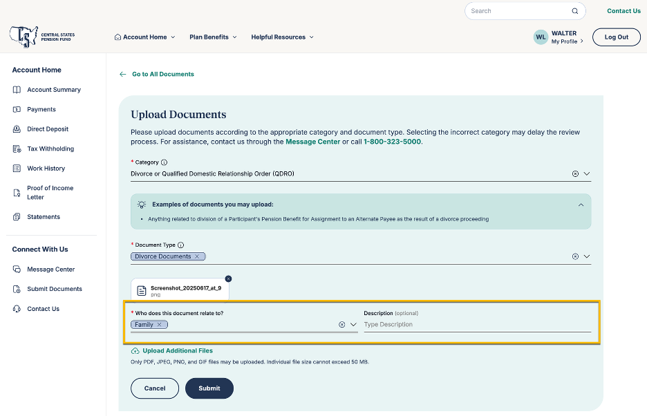 Document Upload Center related to category
