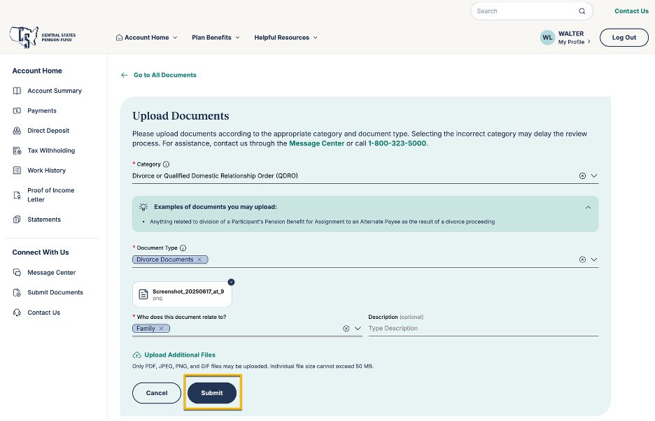 Document Upload Center submit document
