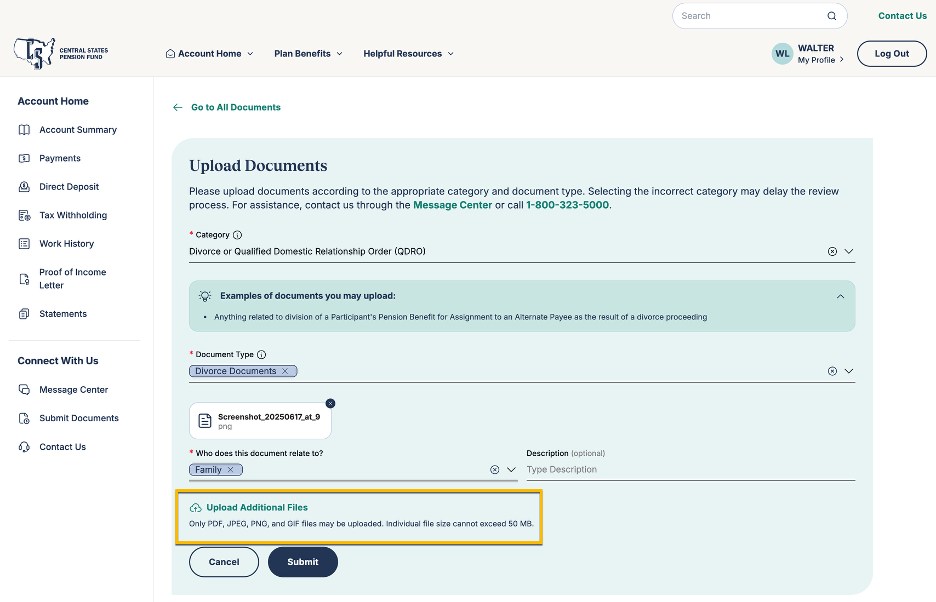 Document Upload Center upload additional files 