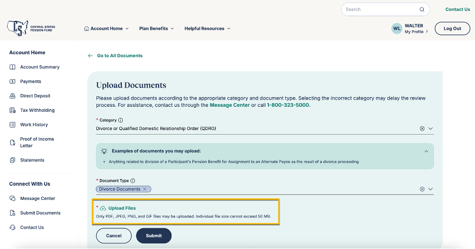 Document Upload Center upload files
